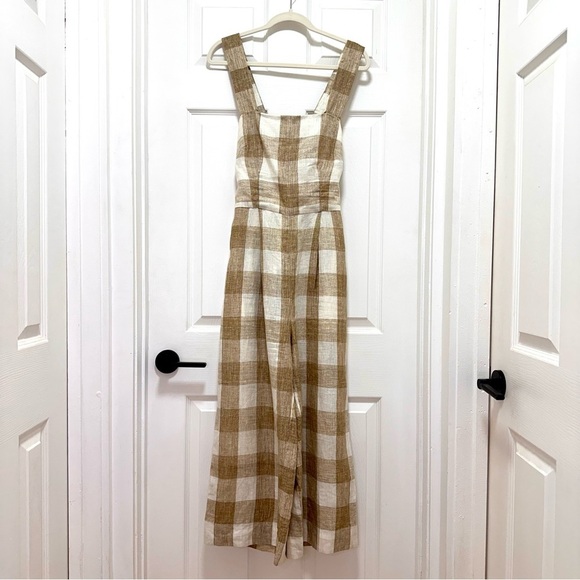 Gal Meets Glam Bailey Gingham Wide-Leg Jumpsuit Tan Ivory Size 6 - Picture 4 of 14